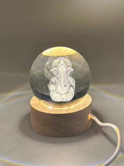 3D Crystal Ganesha LED Night Lamp Crystal Ball Night Lamp,Creative Engraved Crystal Ball Night Light, USB Table LED Wooden Crystal Ball for Home Office Decoration Birthday Gift Adults, Ganesh Ganesha